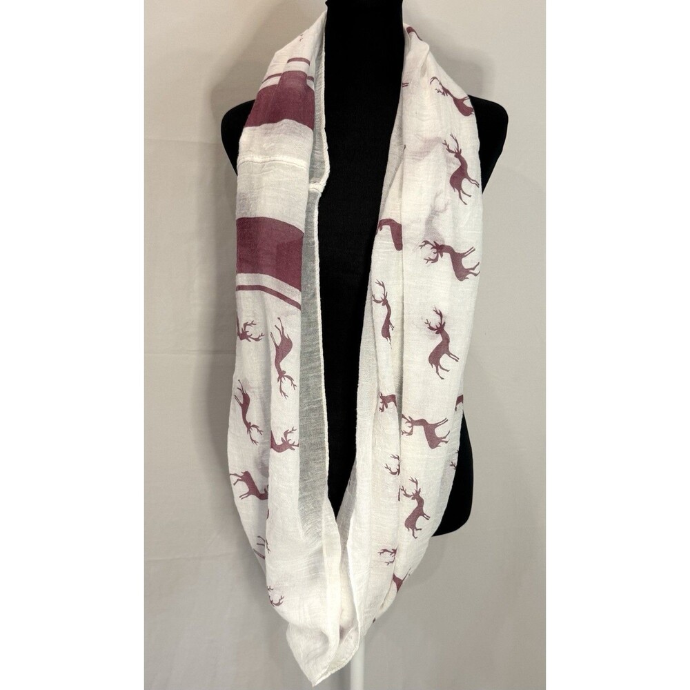 Ivory Burgundy Scarf Infinity Muslin Gauze One-Size Reindeer Holiday Christmas